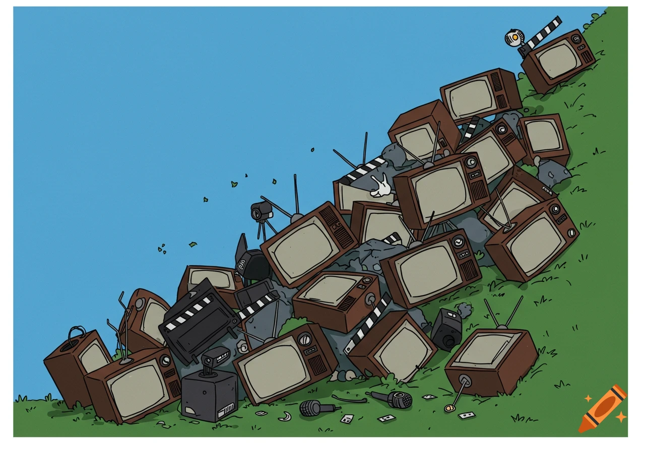 Cartoon of an avalanche of old TVs and movie equipment on a hill