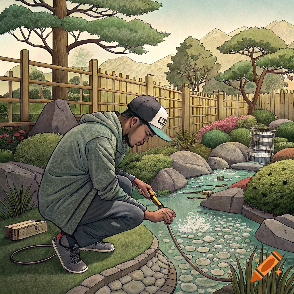 Illustration of a person installing an irrigation system in a Japanese style garden.
