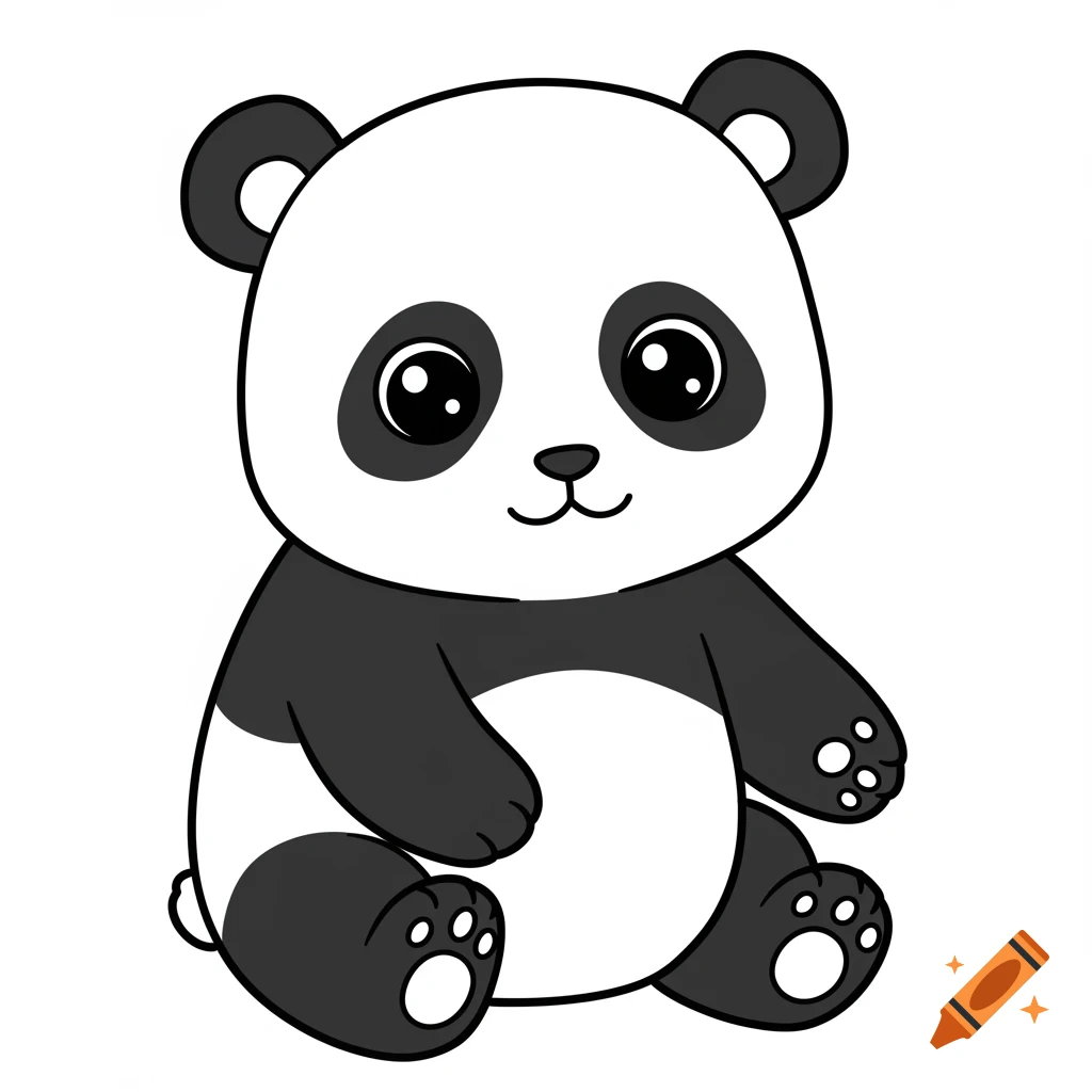 A cute cartoon panda sitting in a black and white line art style.