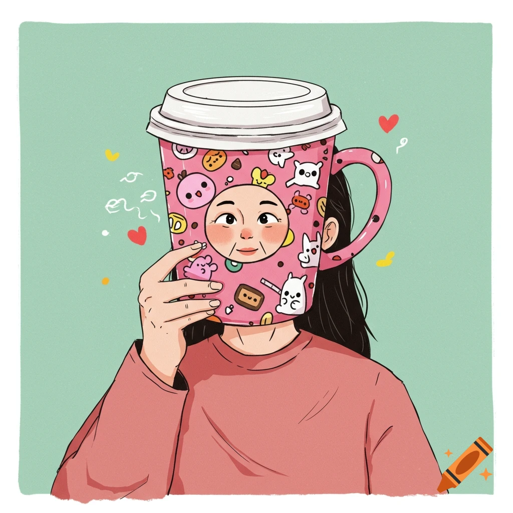 Cartoon illustration of a person holding a large pink coffee cup with a face cutout over their face, decorated with cute characters.