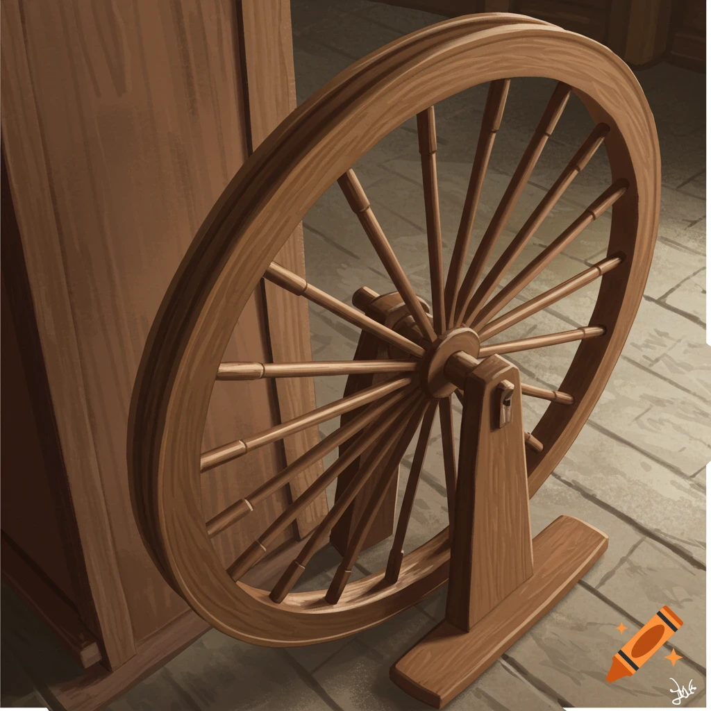 An illustration of a wooden spinning wheel.