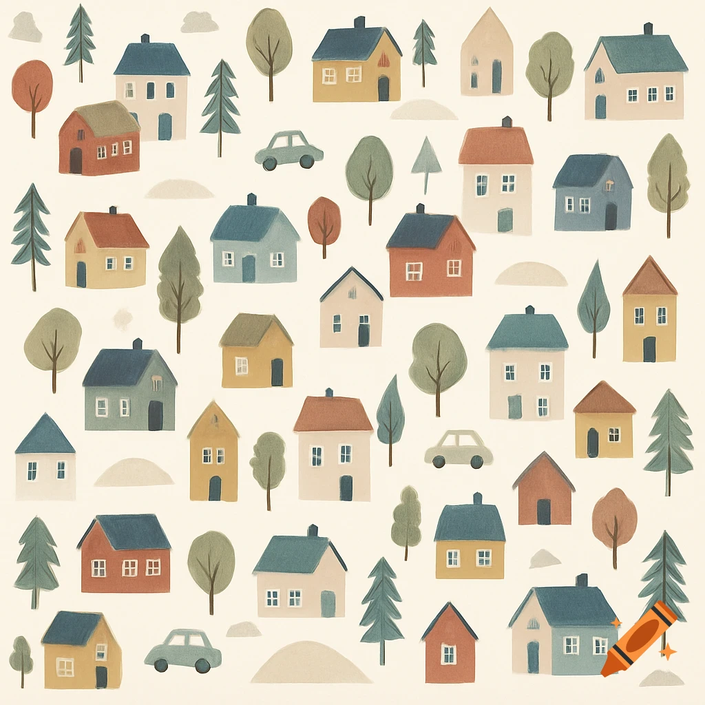 Seamless pattern of colorful Scandinavian-style houses, trees, and cars in an illustration style.