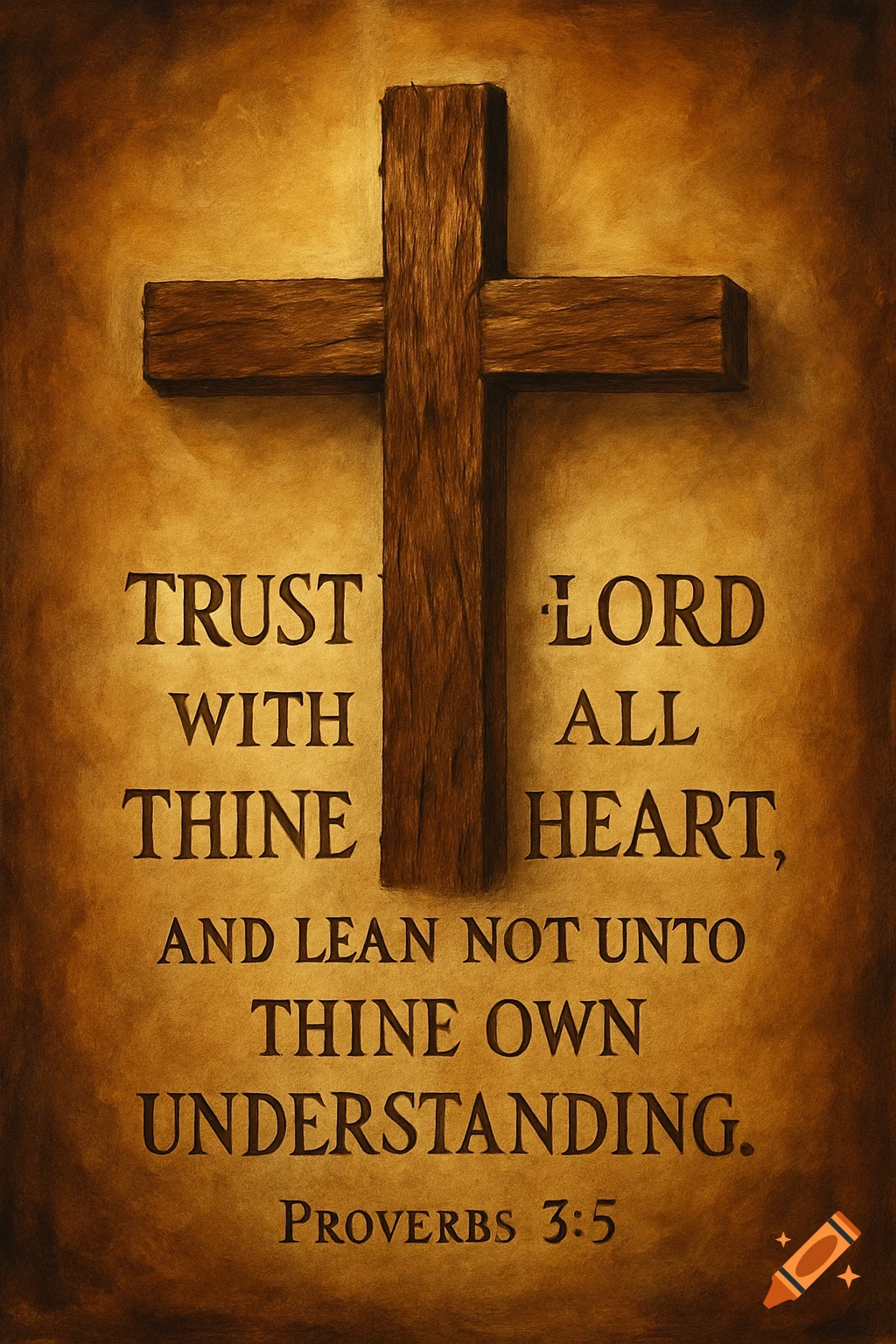 A wooden cross and the Bible verse Proverbs 3:5 on a textured background.
