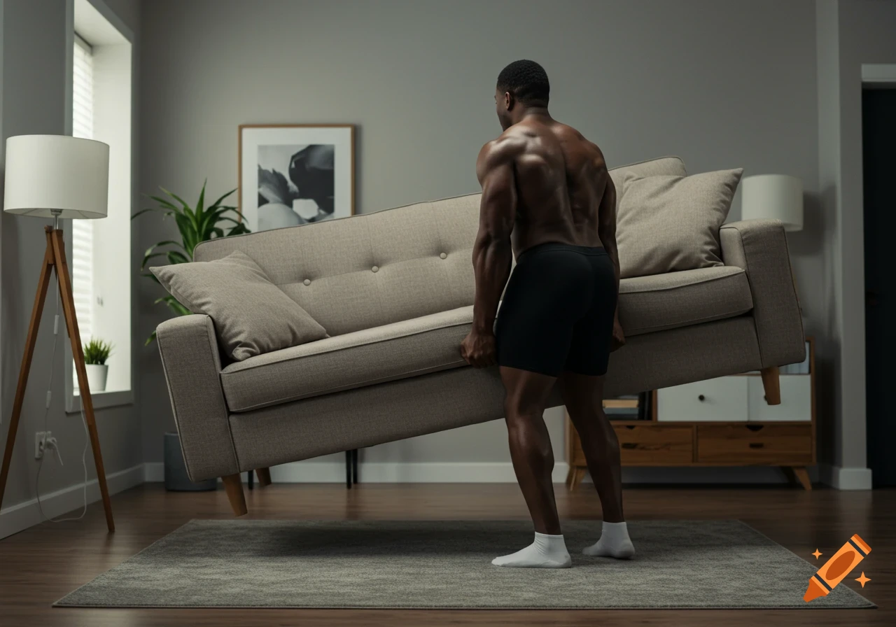 Photorealistic image of a muscular man lifting a couch in a living room.