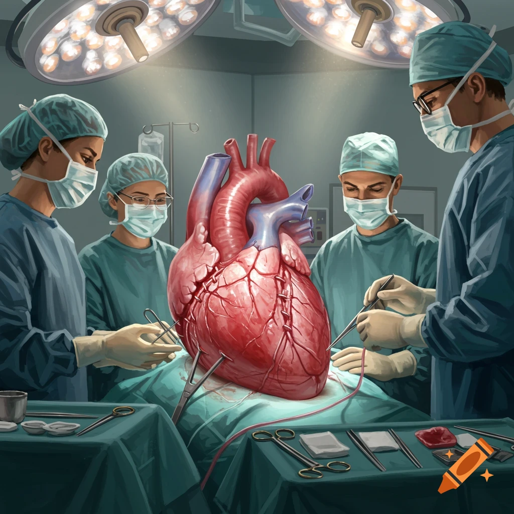 Four surgeons operate on a large human heart in an operating room, digital painting.