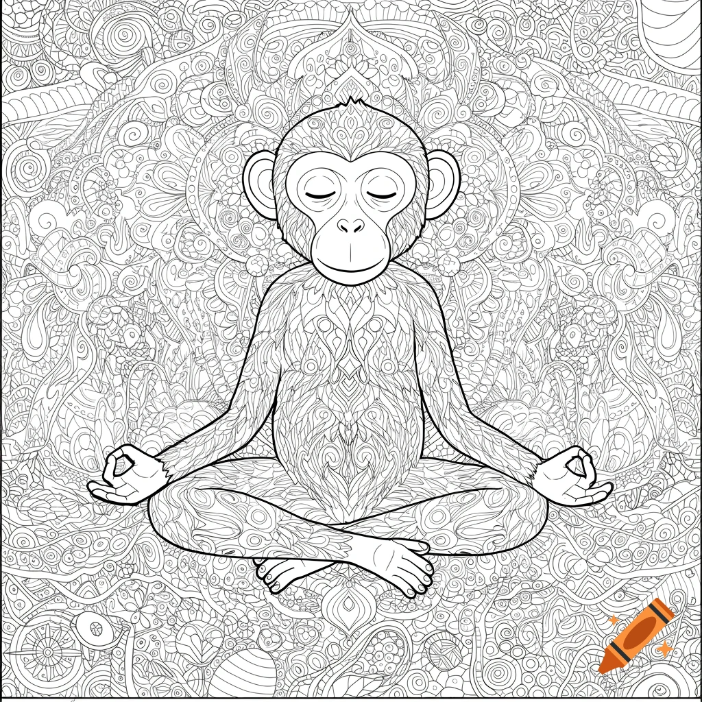 Coloring page of a meditating monkey in lotus pose surrounded by intricate zen patterns.