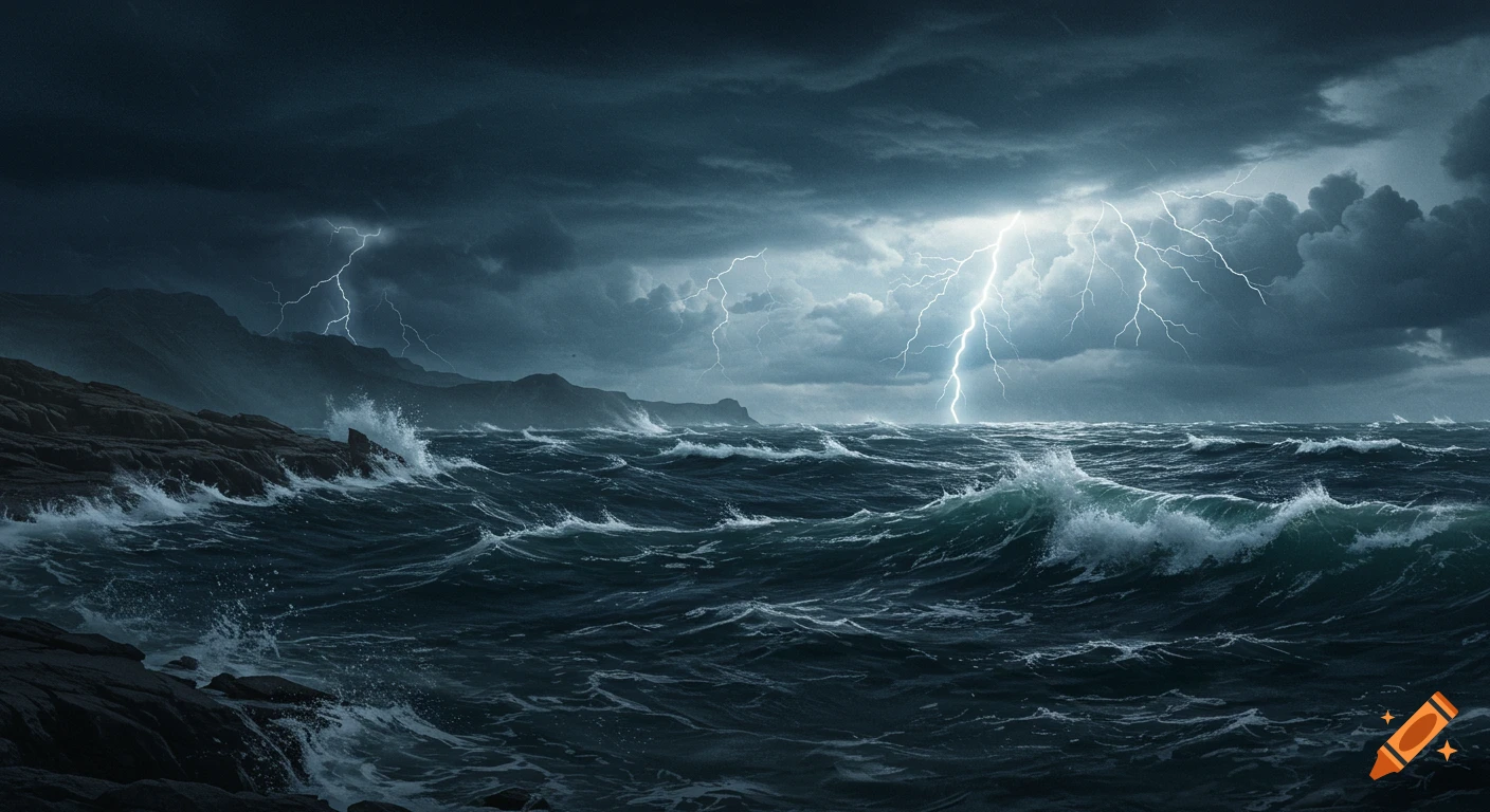 Dark stormy sea with lightning and waves crashing on a rocky shore.