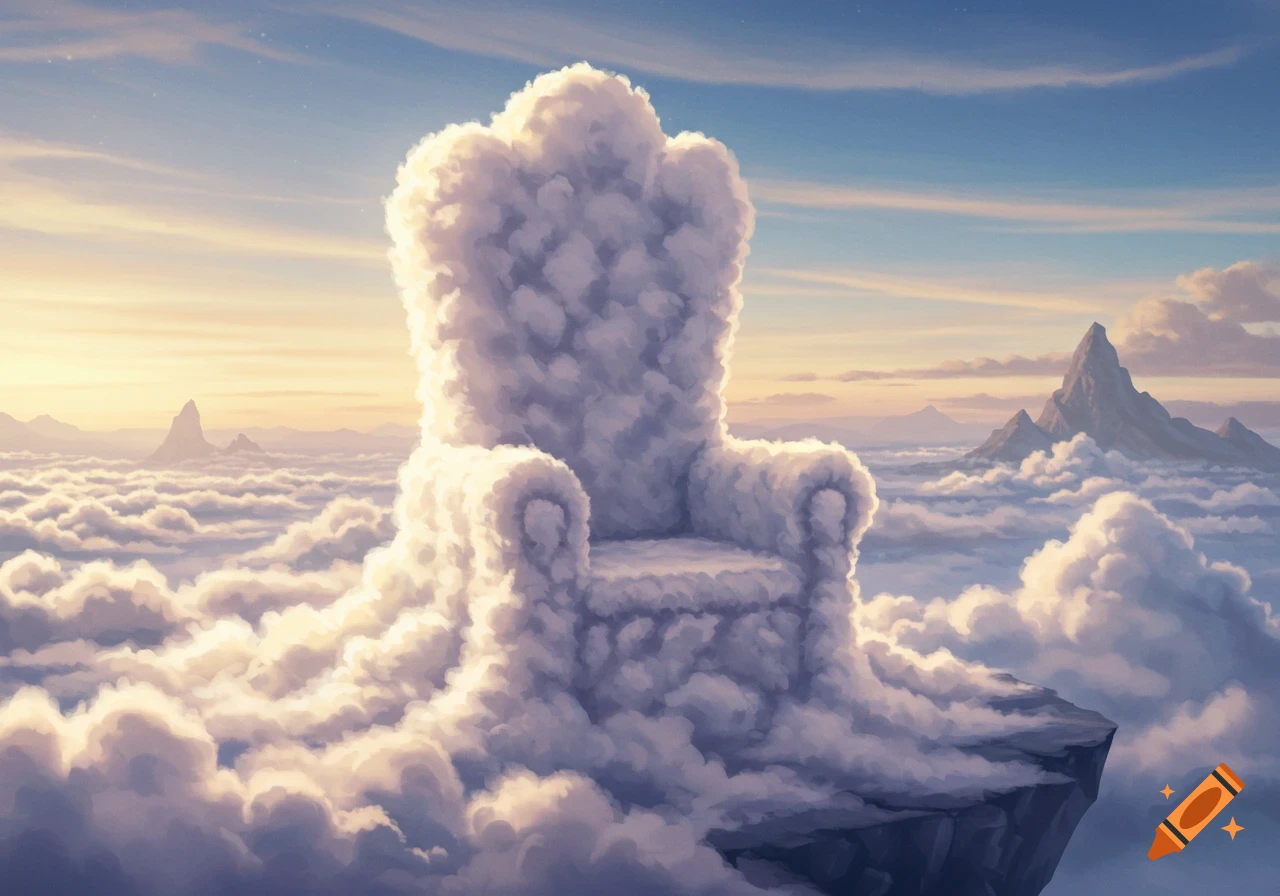 A large throne made of clouds sits on a rocky platform overlooking a vast sea of clouds and mountains under a dramatic sky.
