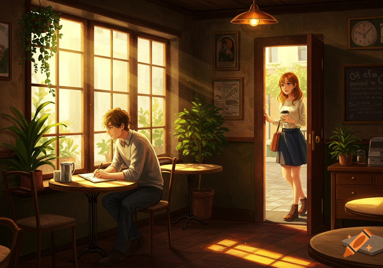 Illustrated scene of a man sketching at a cafe table by a sunny window, while a woman holding a coffee enters through a doorway.