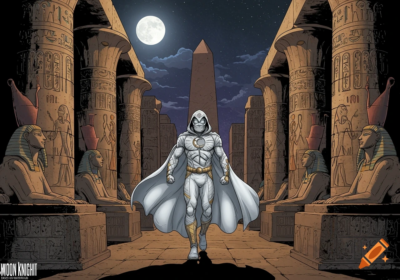 Moon Knight walks through an ancient Egyptian temple hallway lined with sphinxes and pillars under a full moon, in a comic book style.