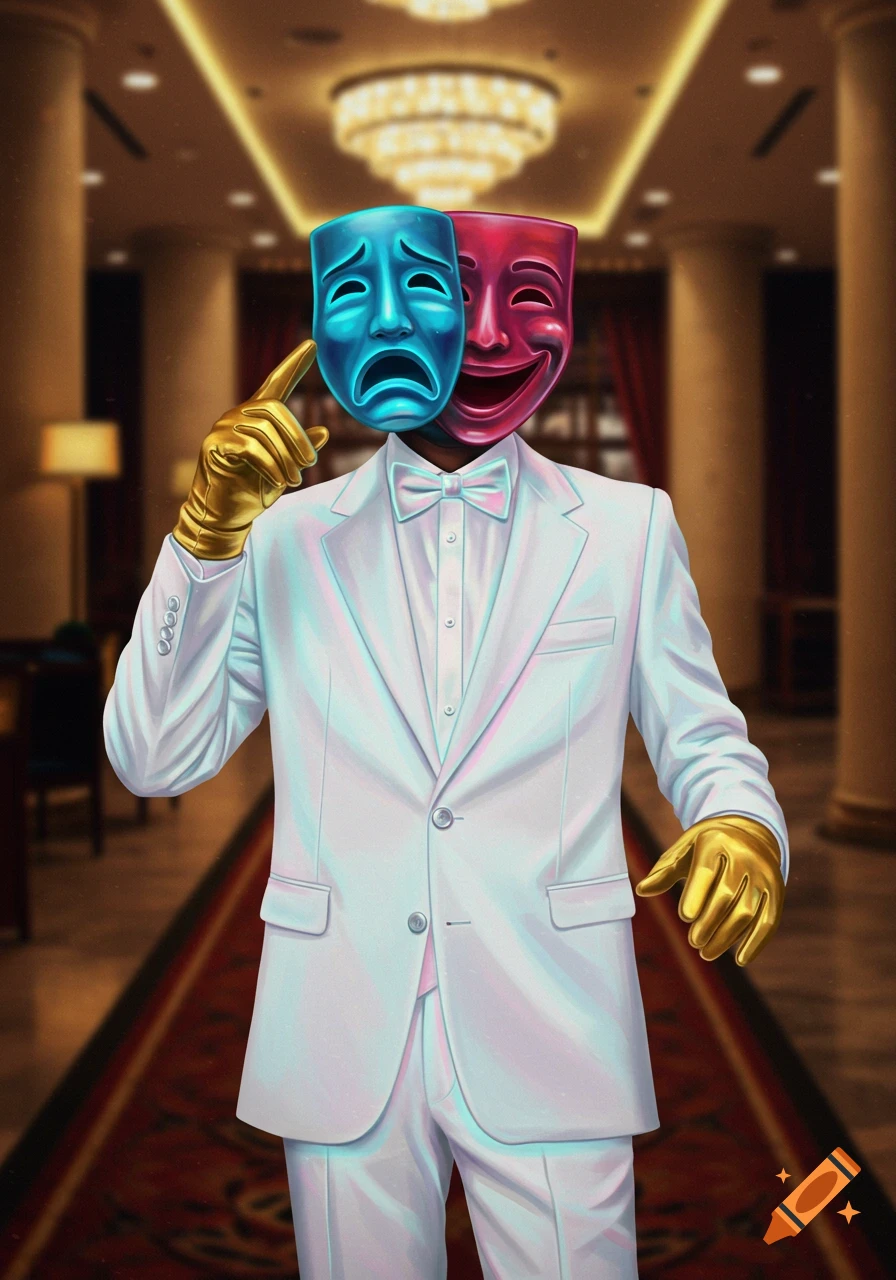 A person in a white suit wears sad and happy theater masks and golden gloves in a hotel lobby.