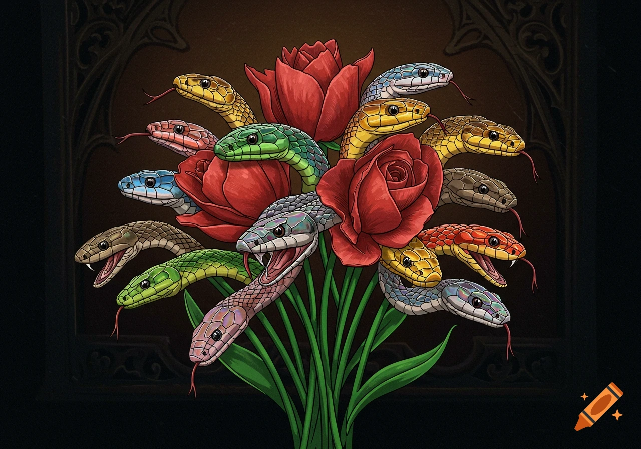 An illustration of a bouquet of colorful snakes heads intertwined with ...