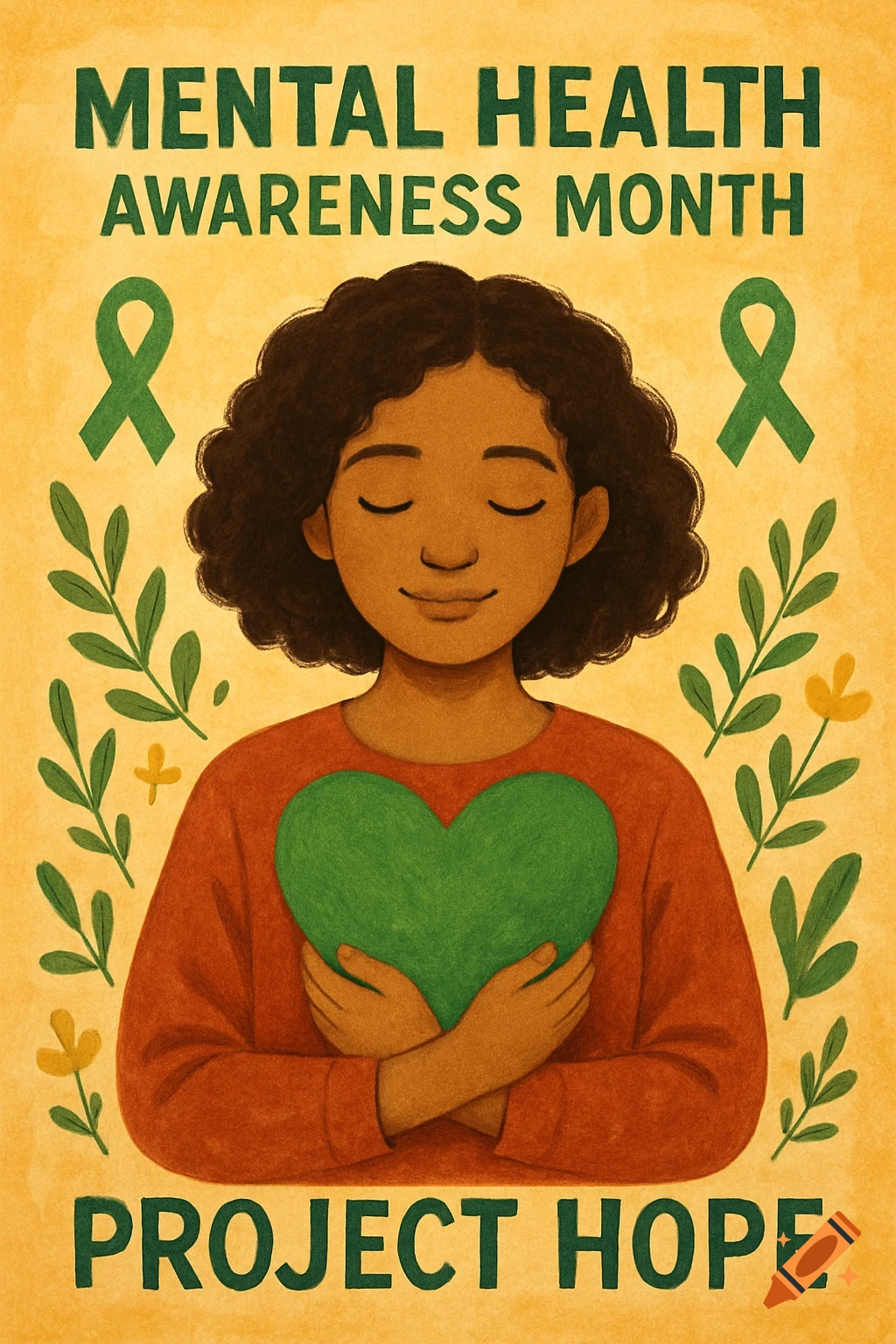 Illustration of a person holding a green heart, surrounded by green ribbons and plants, with text saying 'MENTAL HEALTH AWARENESS MONTH' and 'PROJECT HOPE'.