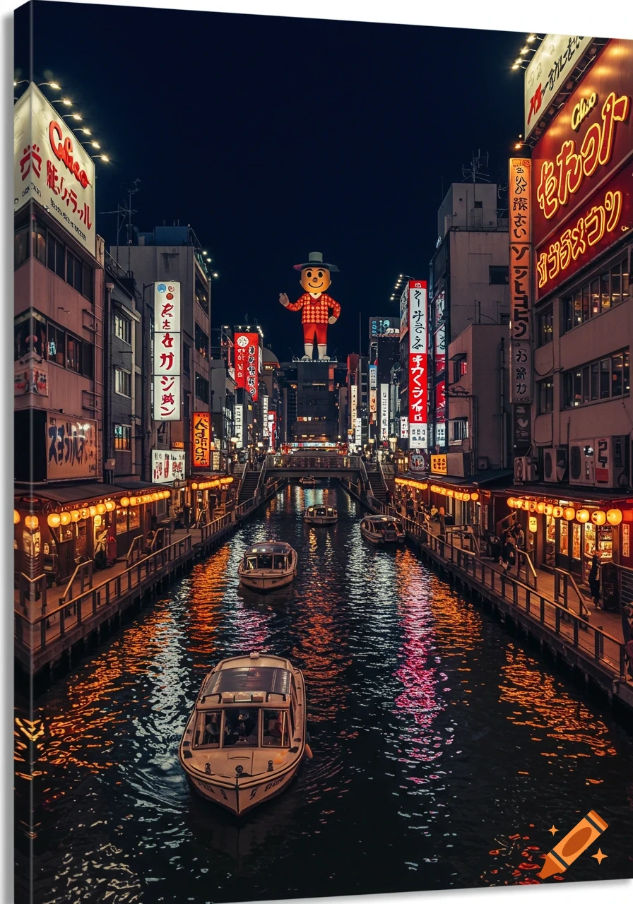 Night view of the Dotonbori canal in Osaka, Japan, with bright neon signs and boats.