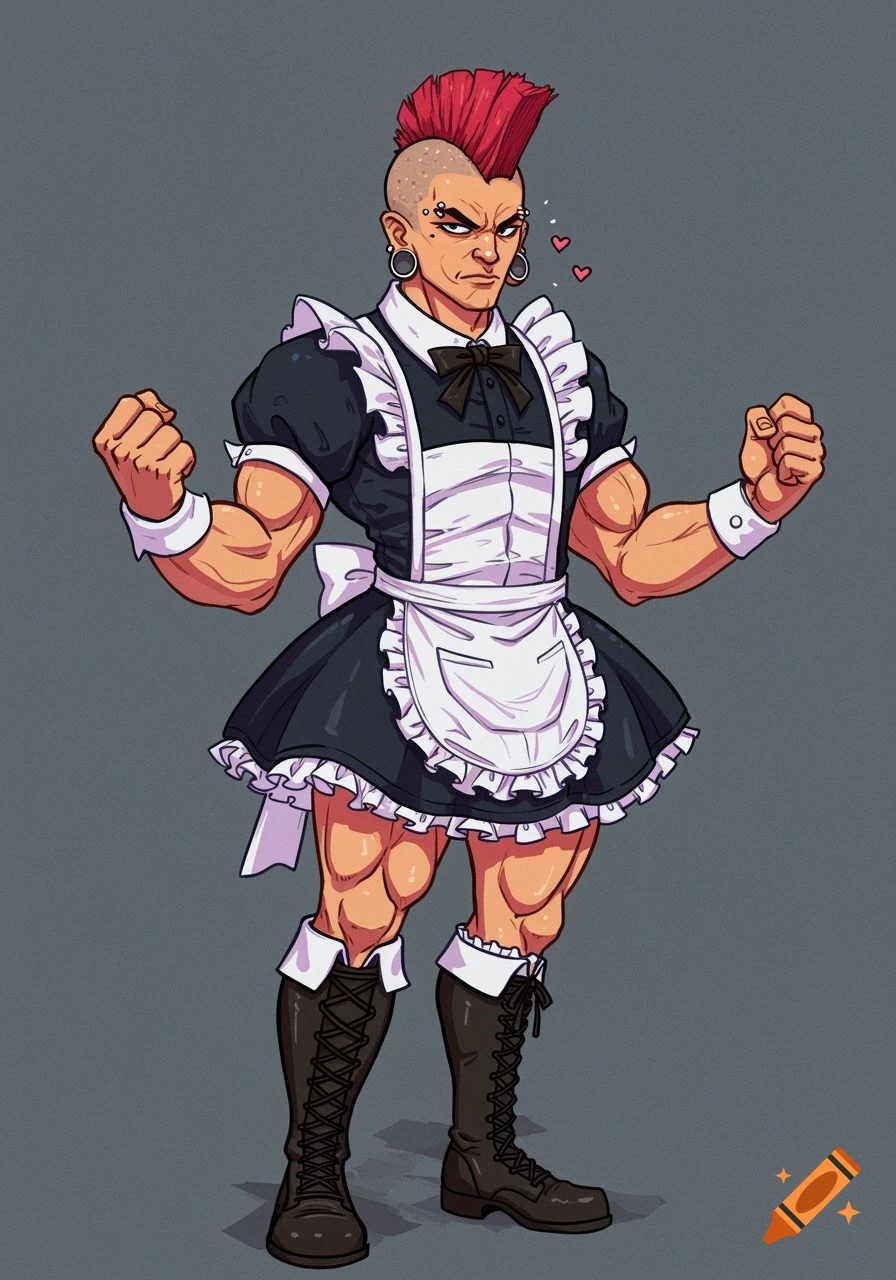 2D illustration of a muscular person with a red mohawk and piercings wearing a black and white maid outfit.