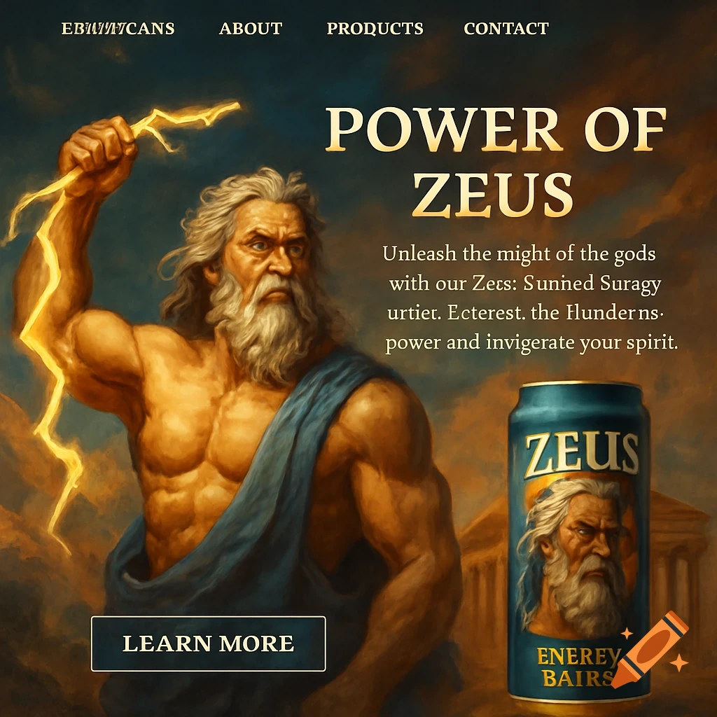 Painterly image of Zeus holding lightning next to a Zeus energy drink can, in a website layout.