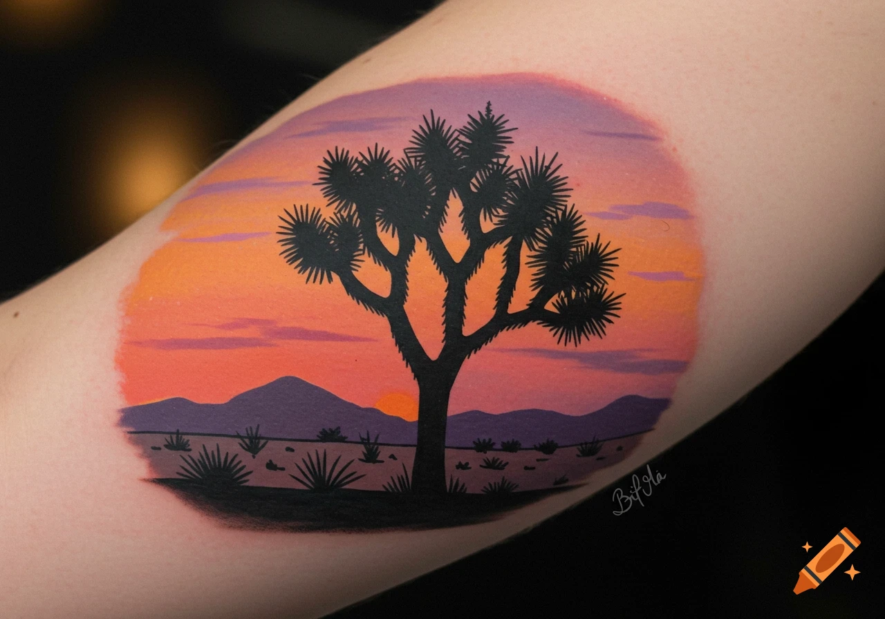 Tattoo of a Joshua tree silhouette against an orange and purple desert sunset.