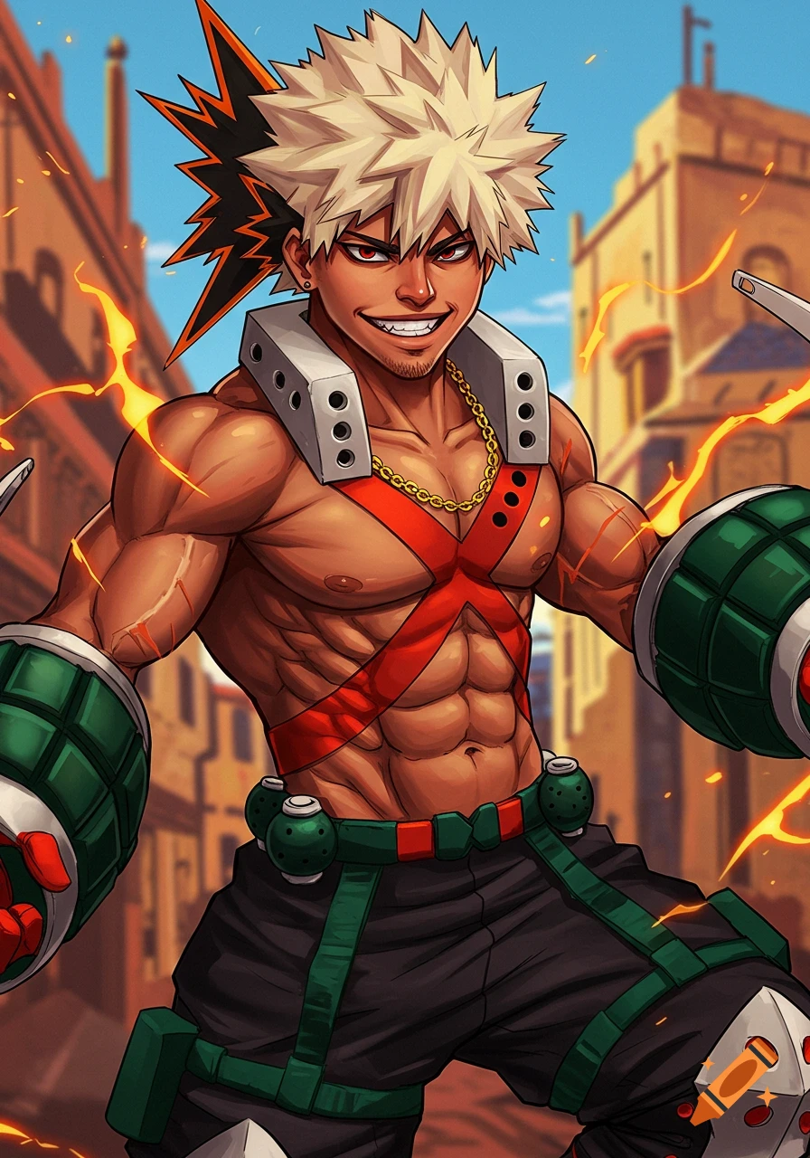 Muscular anime character resembling Bakugo from My Hero Academia standing in an urban setting.