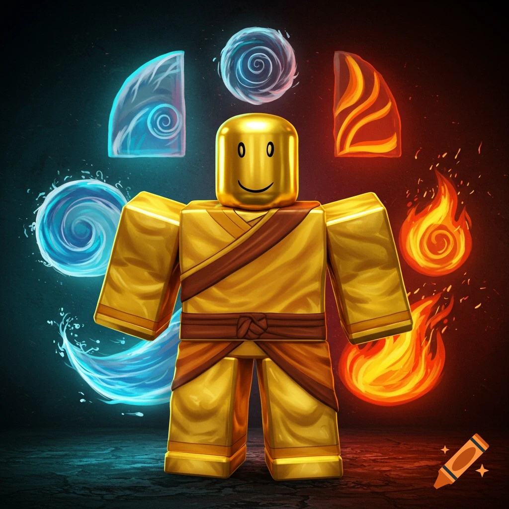 A golden Roblox character stands with elemental symbols of water and fire around it.