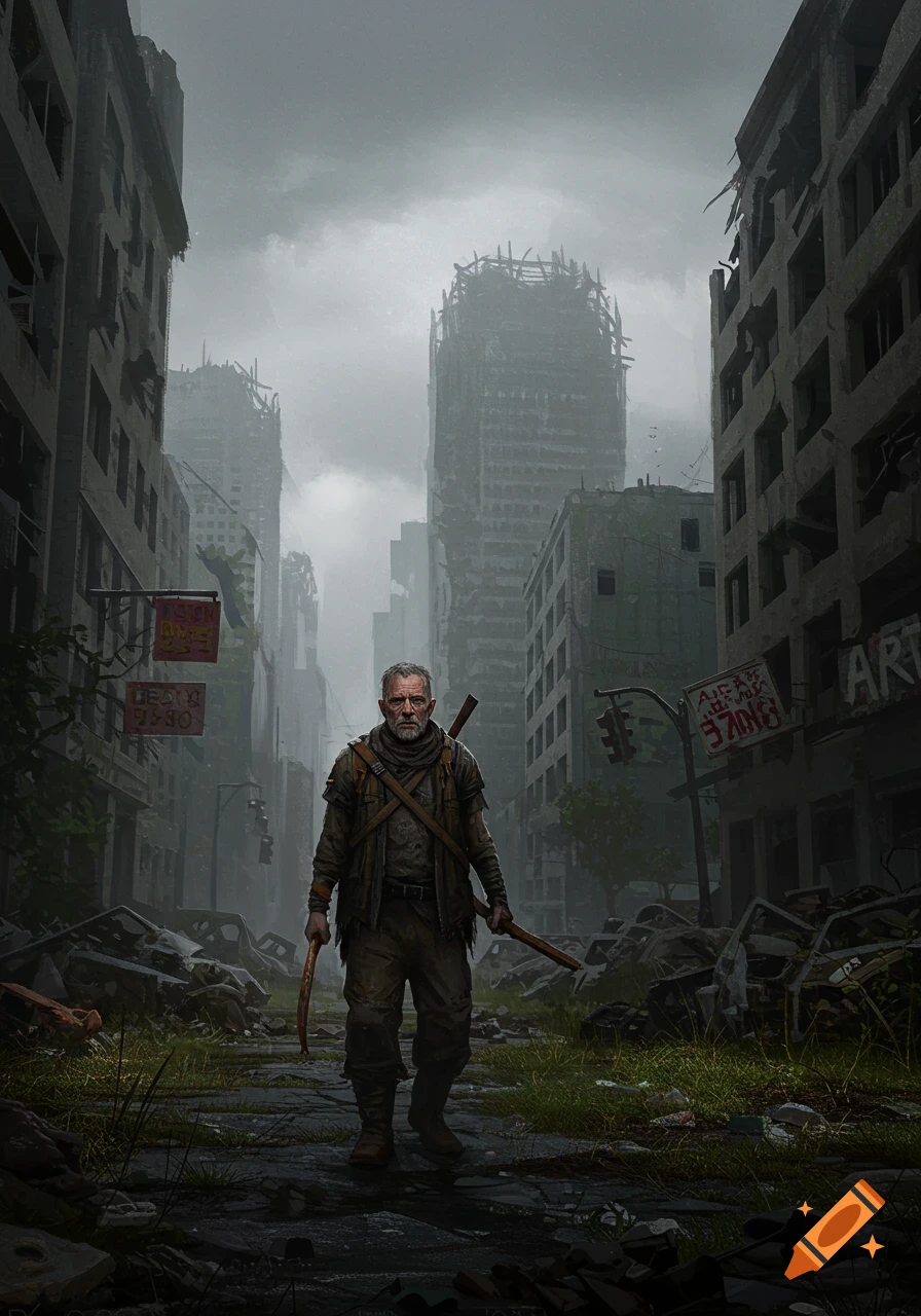 A man walks down a ruined street in a post-apocalyptic city under a grey sky.