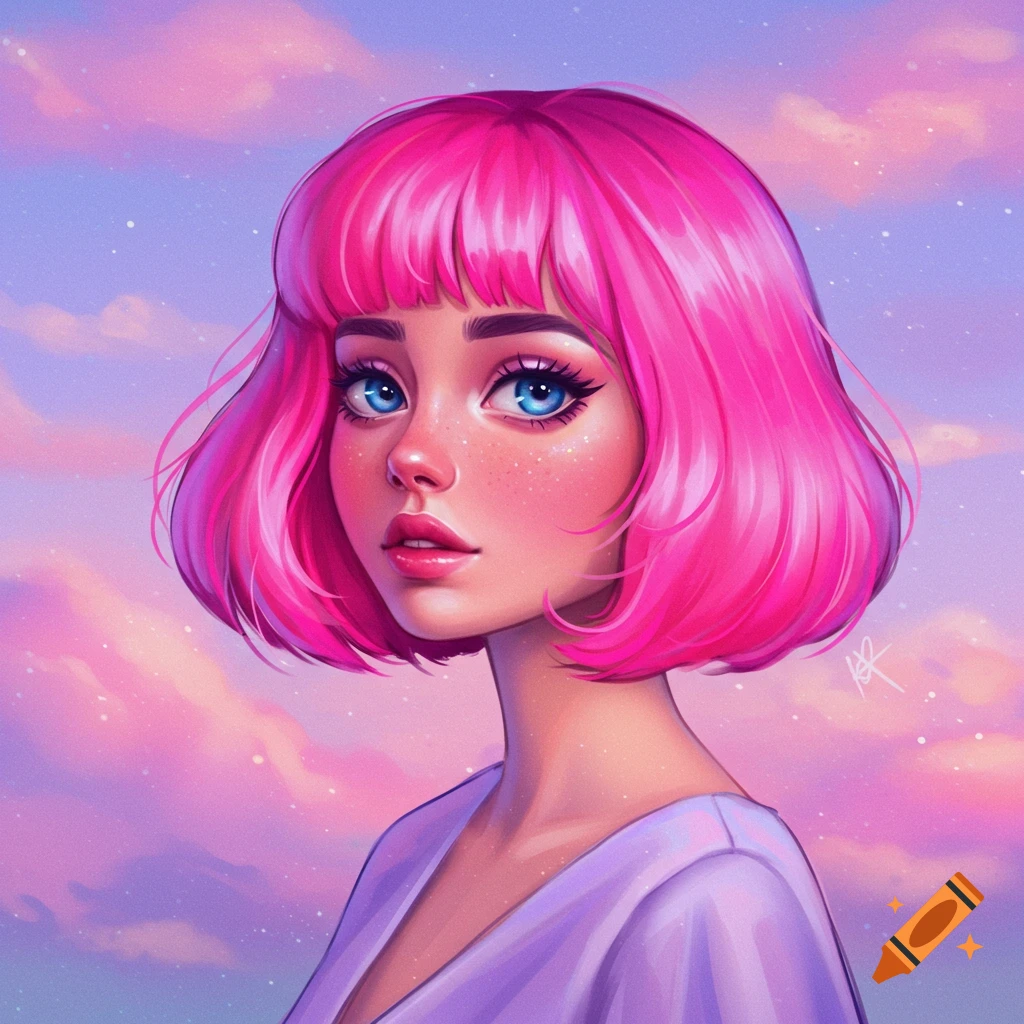 Stylized digital art portrait of a girl with bright pink bob hair and ...