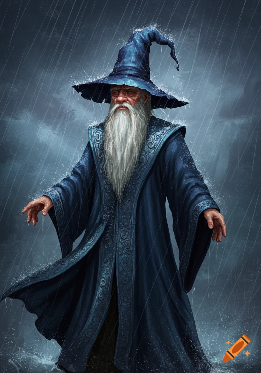 A bearded wizard in a blue robe and hat stands in the rain.