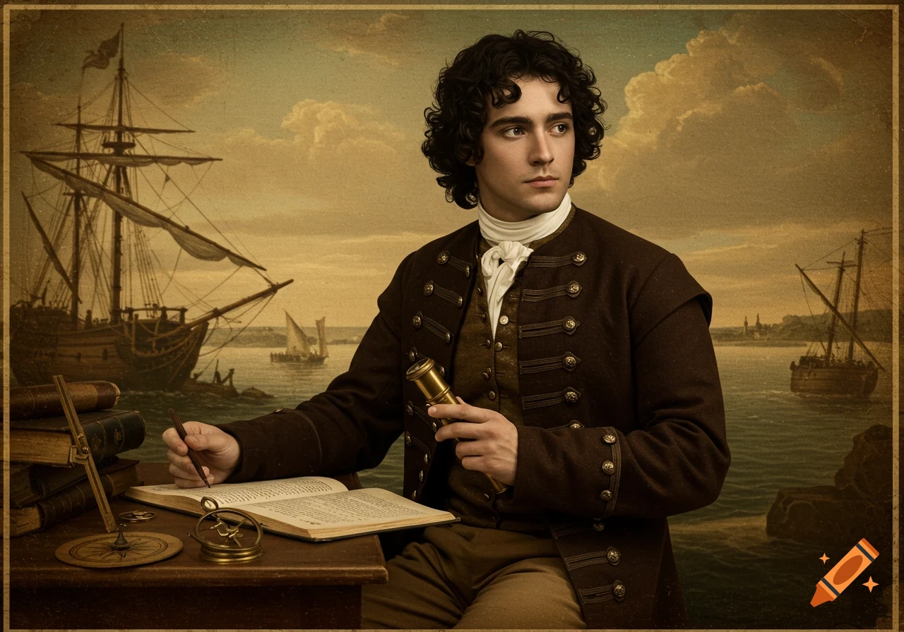 A young man in 18th-century clothing sits at a desk with a book and telescope before a seascape with ships, in the style of an old painting.