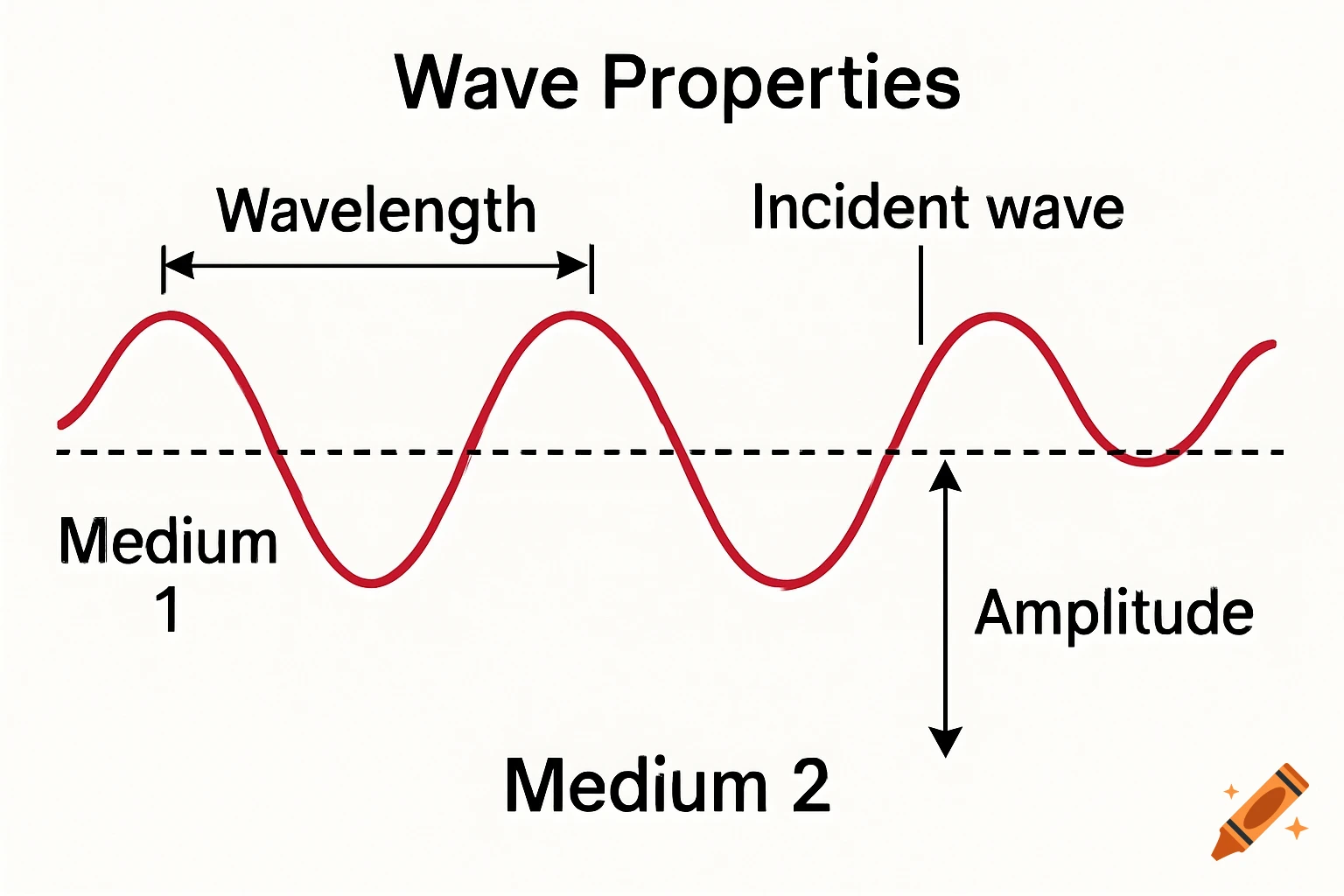 Diagram showing wave properties including wavelength, amplitude, and incident wave transitioning between two media.