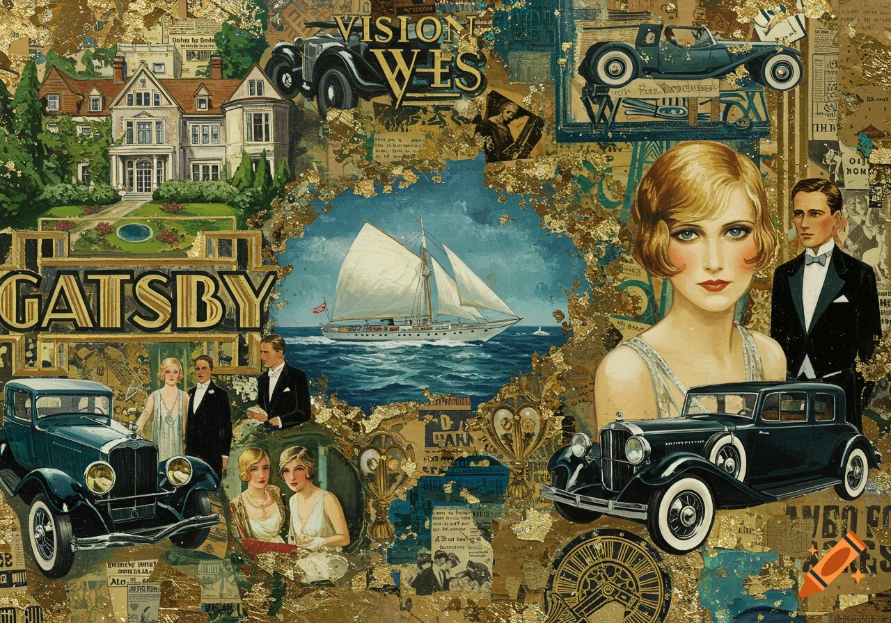 Collage art vision board in 1920s style with 'GATSBY' text, mansion, classic cars, sailboat, and people in vintage attire.