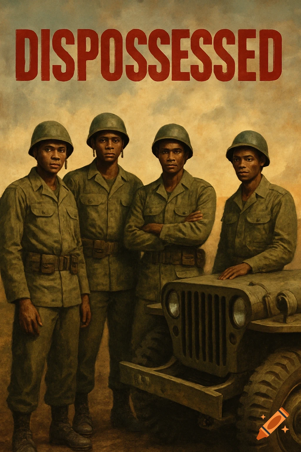 Four Black soldiers stand beside a military jeep below the title 'DISPOSSESSED' on a poster.