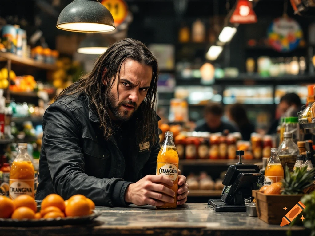 A man with long hair and a beard stands in a shop holding a bottle of orange drink with a scrutinizing expression.