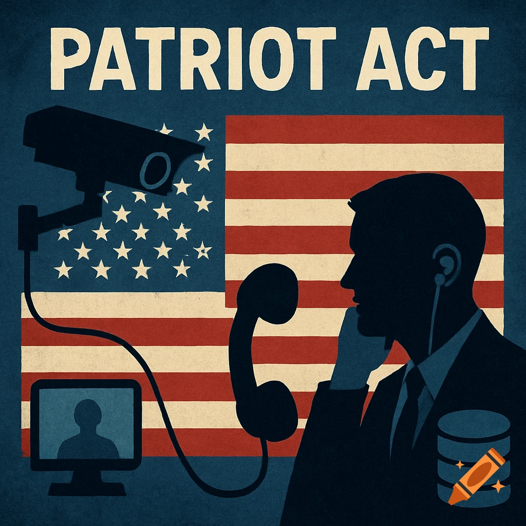 Graphic depicting a man on a phone watched by surveillance camera and monitor against a US flag, with the text 'PATRIOT ACT'.