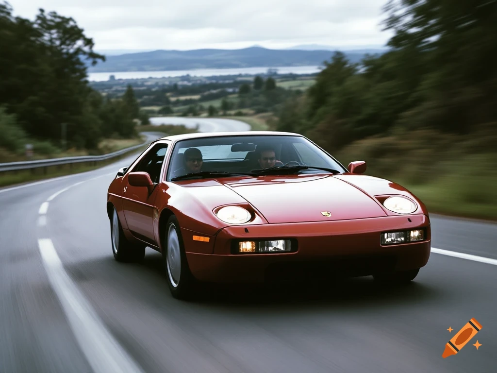 Red Porsche 928 driving on a scenic road with trees and water in the background, photorealistic.