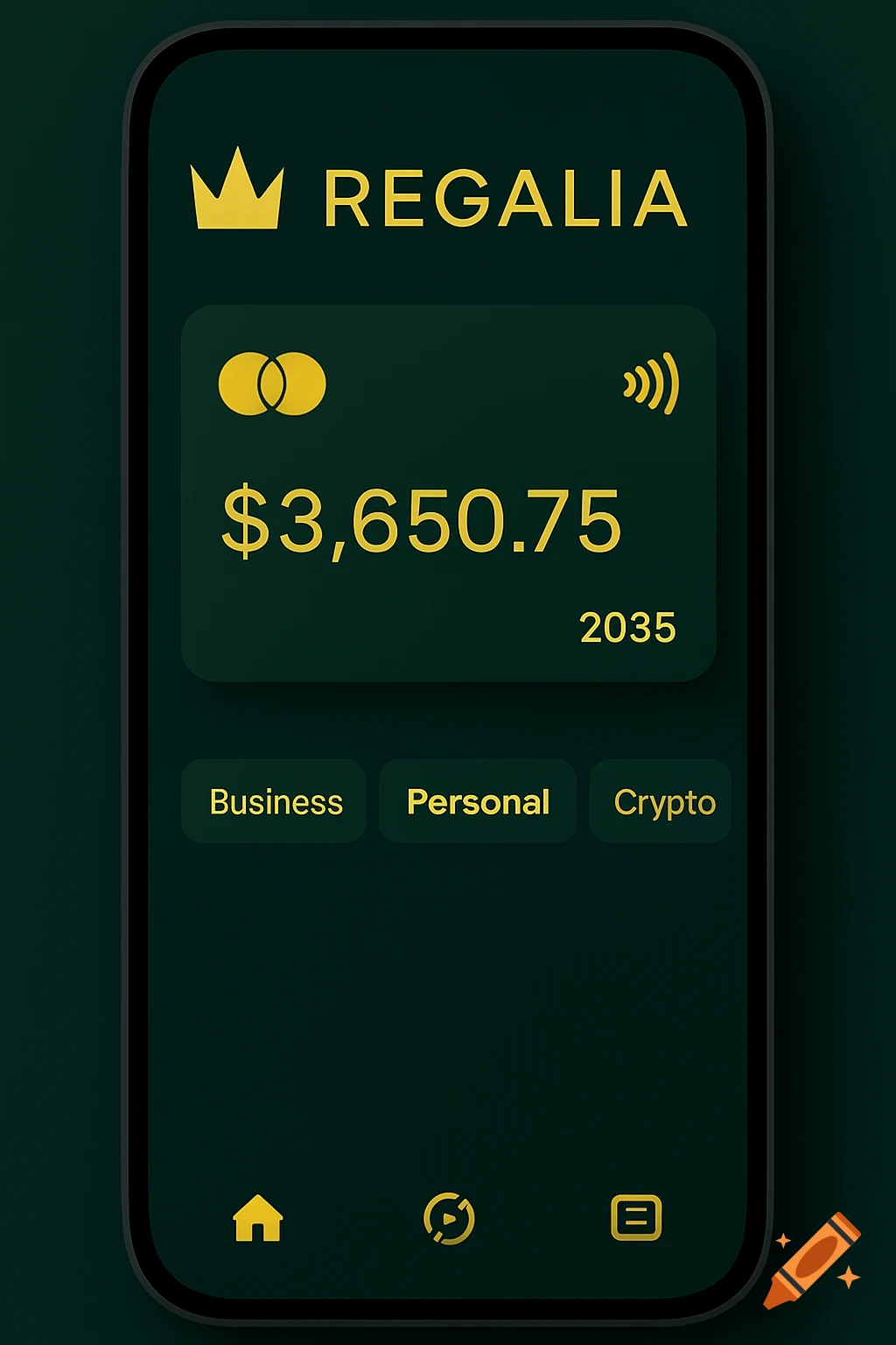 A mobile banking app screen with the name REGALIA, showing balance, card year, and account types in a dark green and gold interface.