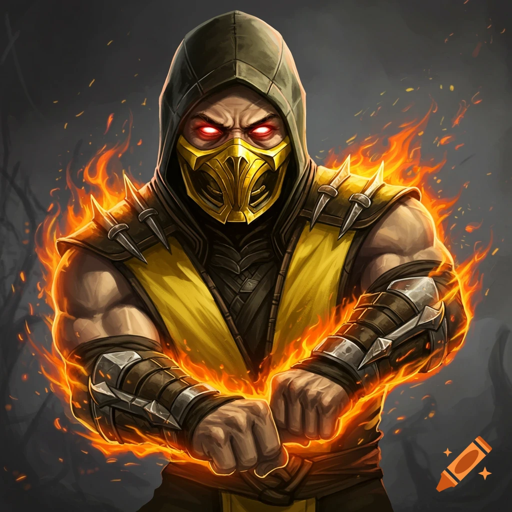 Stylized illustration of Scorpion from Mortal Kombat engulfed in flames.