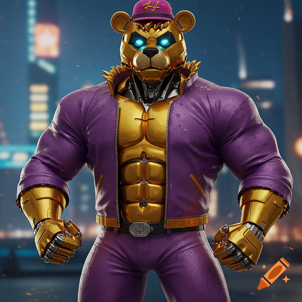 A buff golden robot bear in a purple jacket and hat, standing in a city.