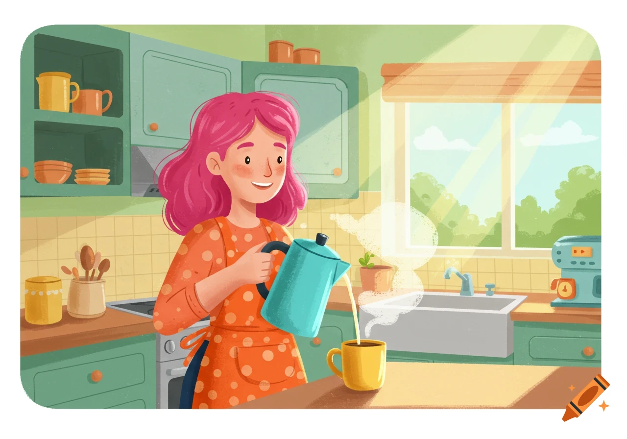 Cartoon woman pouring coffee in a kitchen