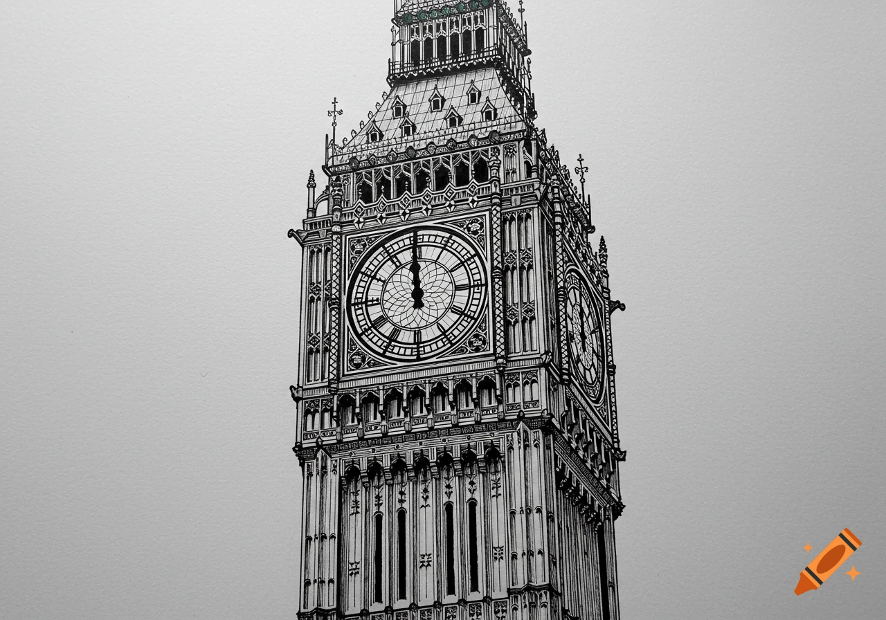 Ink drawing of the Big Ben clock tower