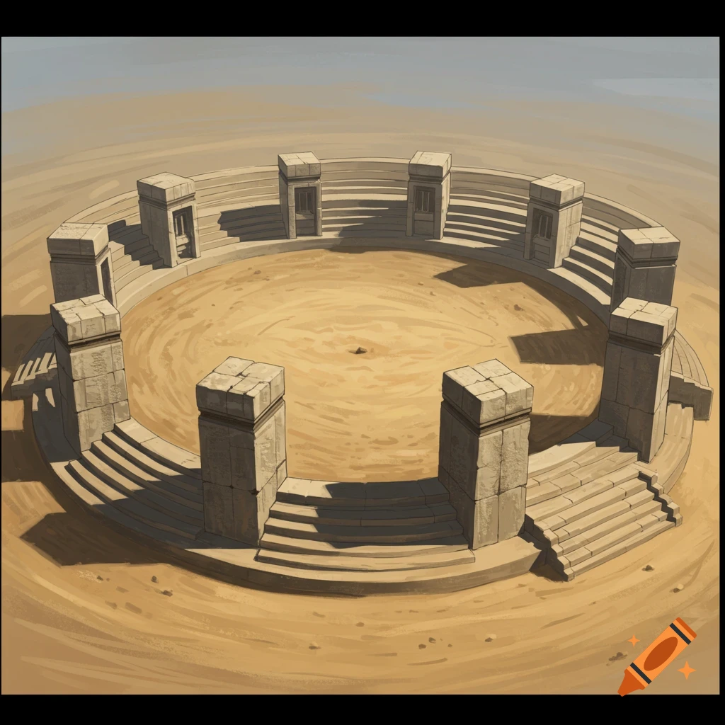 An illustration of a circular desert arena with stone pillars and steps under a dusty sky.