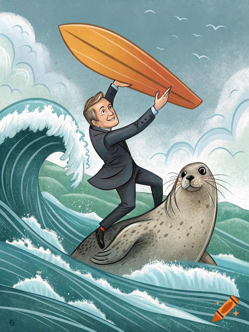 Illustration of a man in a suit surfing on a seal on a wave