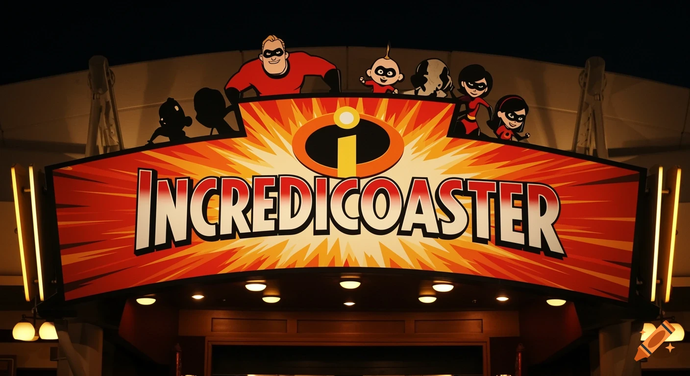 The Incredicoaster sign at a theme park, featuring the Incredibles family silhouettes above the logo.