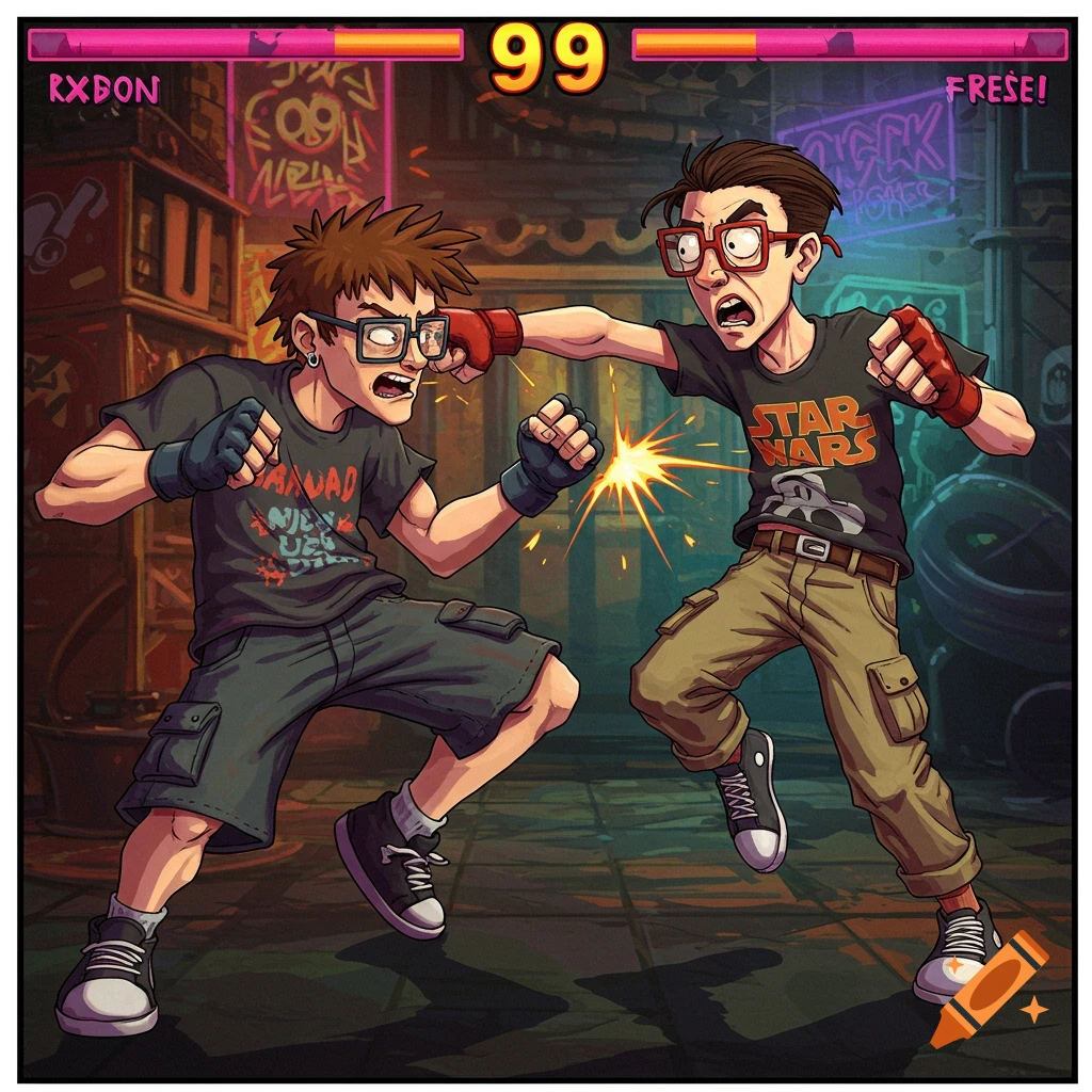 Cartoon illustration of two characters fighting, designed like a fighting game screen with a score and names.