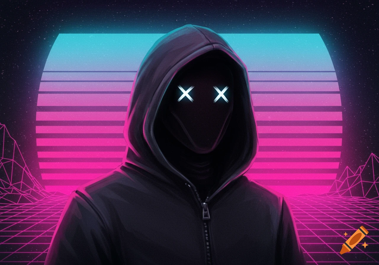 A hooded figure with glowing X eyes in a vaporwave landscape.