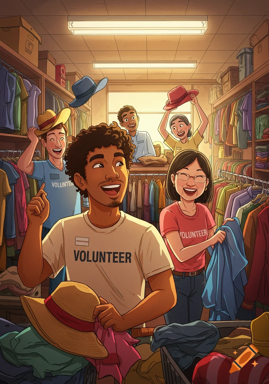 Diverse volunteers sorting clothes and having fun in a thrift store illustration.