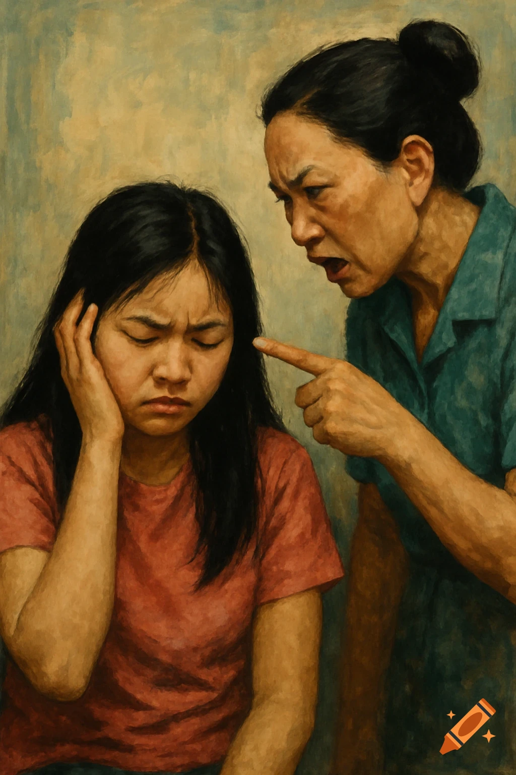 Painting of an angry woman pointing at a distressed younger woman covering her ear.