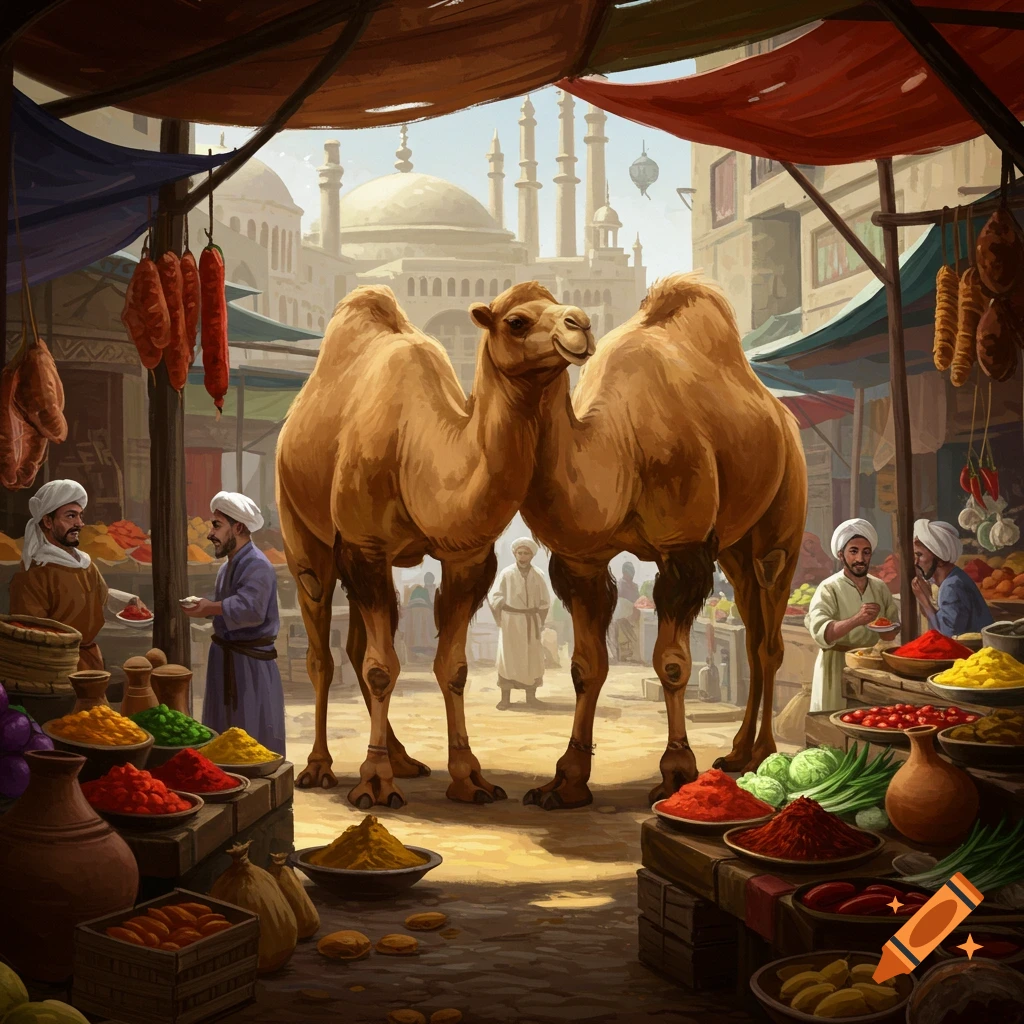 Two Bactrian camels stand in a bustling Middle Eastern market with spice stalls and people, digital painting.