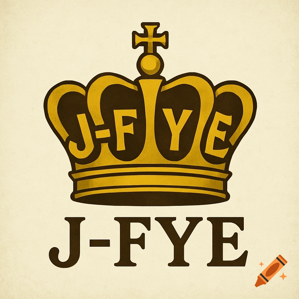 Gold crown formed from letters J-FYE above text J-FYE on textured background.
