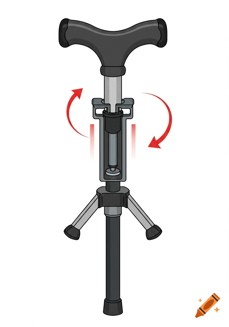 Illustration of a cane attachment with a three-legged base and rotation arrows.