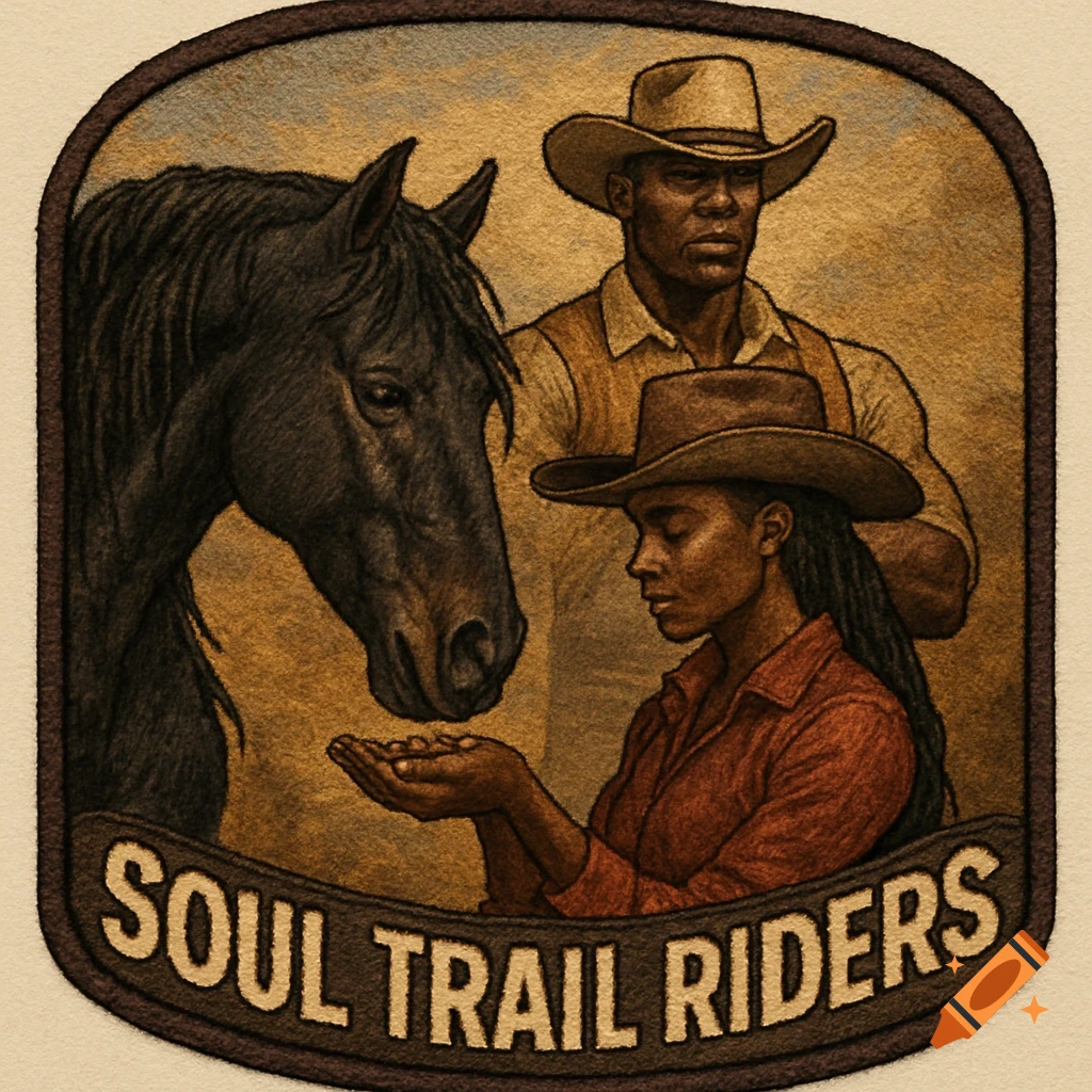 Illustration of a patch featuring two Black cowboys with a horse and the text 'SOUL TRAIL RIDERS' at the bottom.
