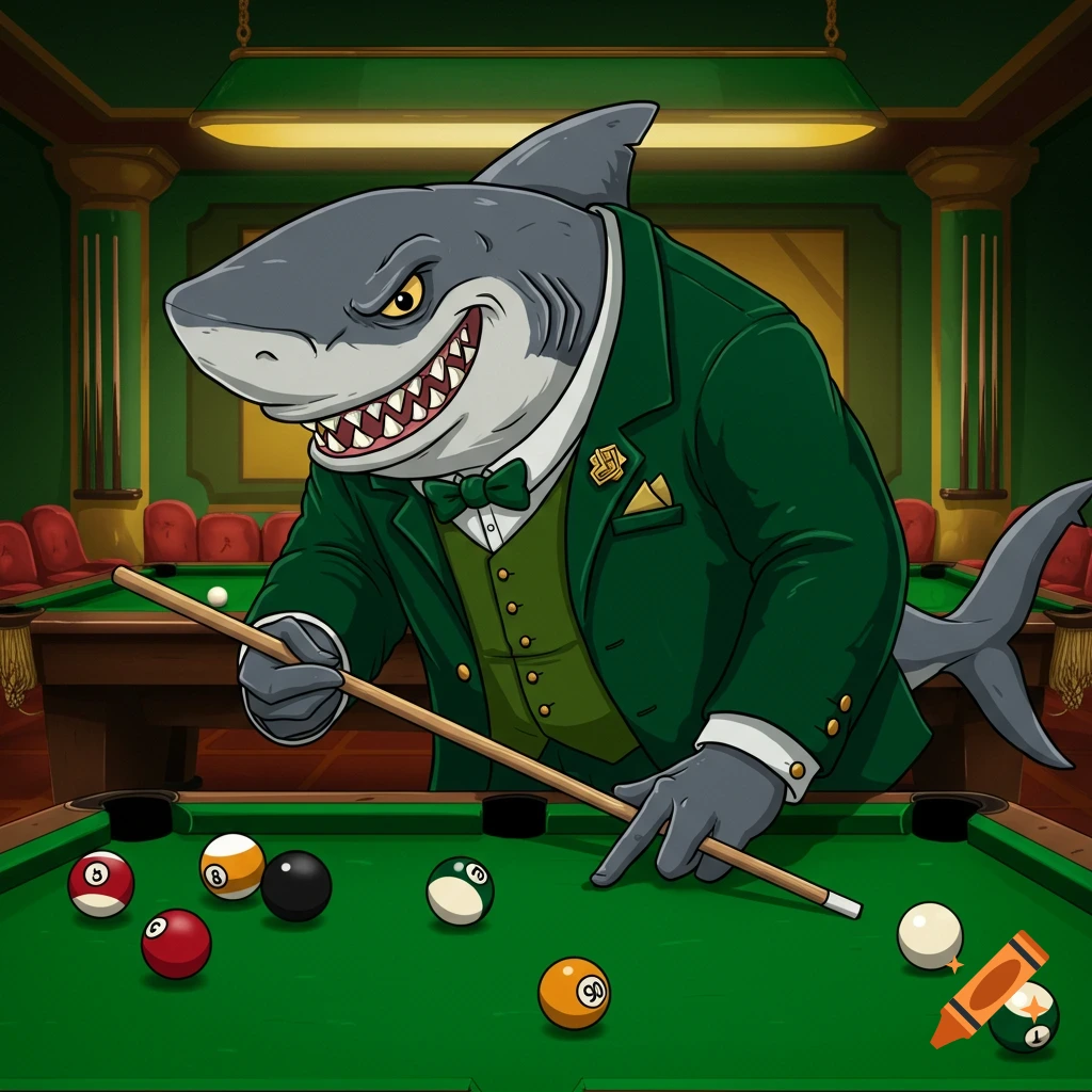 Cartoon illustration of a shark in a suit playing pool.